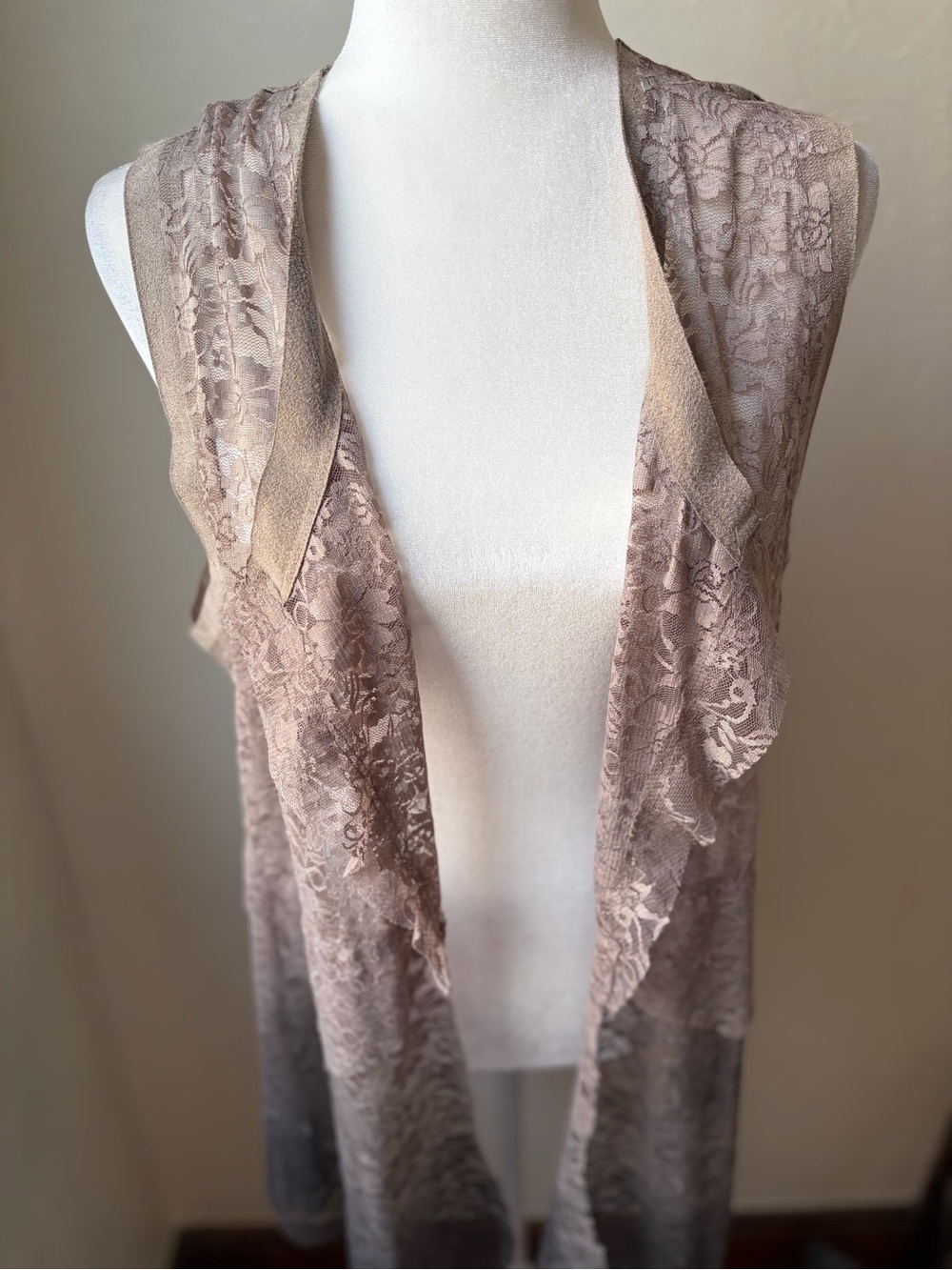 Voice of California Taupe Ombre Lace Open Front Duster Vest XL Boho - Picture 3 of 7
